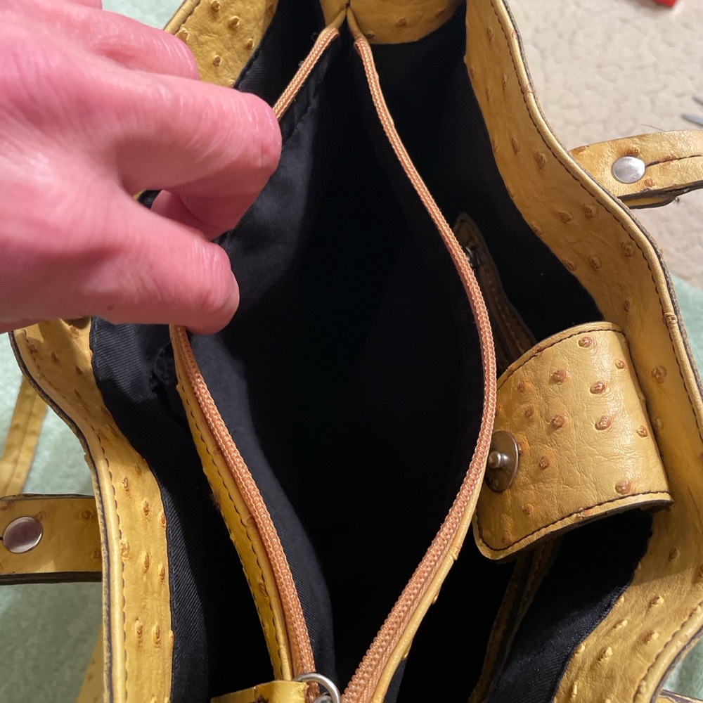 Merona Genuine Ostrich Leather Tote Bag Yellow Mustard Shoulder Bag - Picture 10 of 16